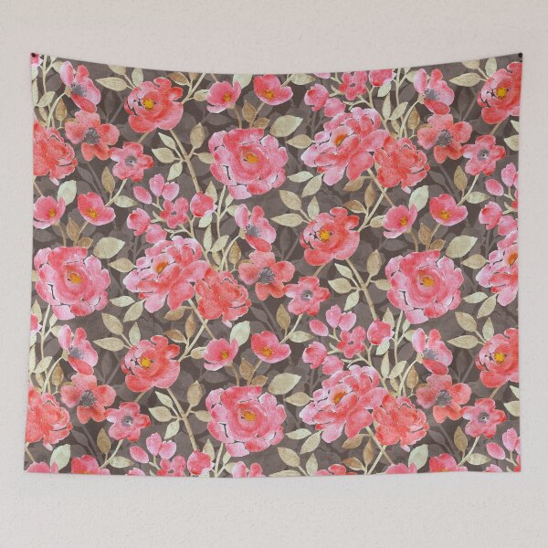 Aperçu de l'œuvre Fleurs d'aquarelle en rouge corail, beige doré et marron créée et vendue par micklyn.