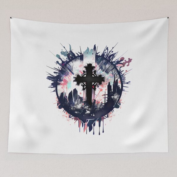Item preview, Tribal Dark Gothic Cross with Blue Ink Tint Drip Paint designed and sold by ShadowAndSlate.