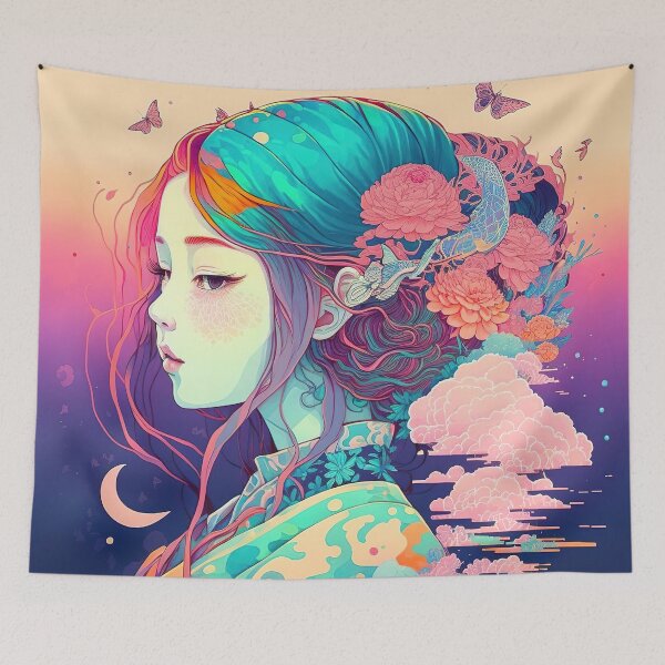 Item preview, Geisha with Blue Hair and Floral Accessories designed and sold by Warehouse46.