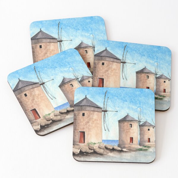 Item preview, Watercolor three windmills, a distant castle and a blue sea in the background designed and sold by MaryWatercolor.