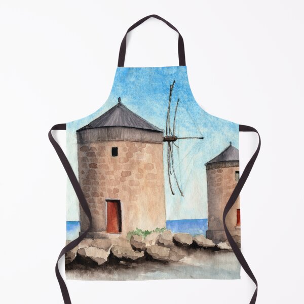 Item preview, Watercolor three windmills, a distant castle and a blue sea in the background designed and sold by MaryWatercolor.