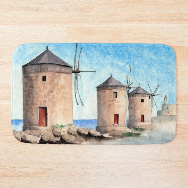 Item preview, Watercolor three windmills, a distant castle and a blue sea in the background designed and sold by MaryWatercolor.