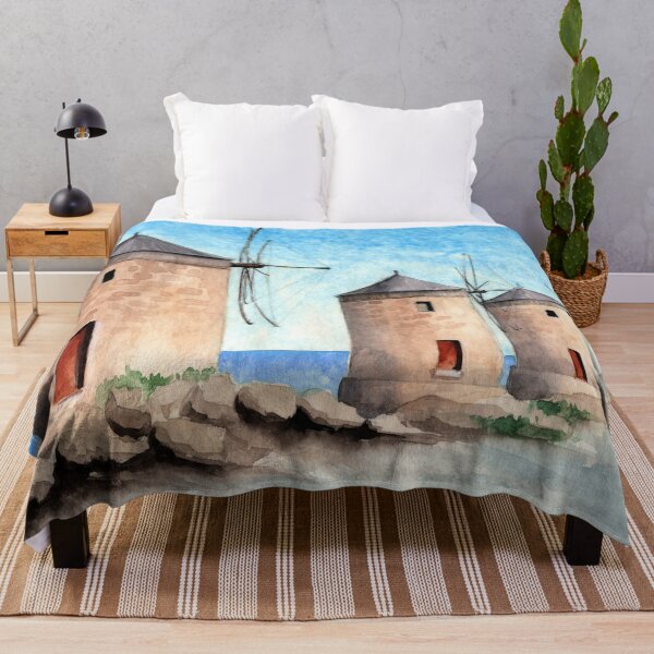 Item preview, Watercolor three windmills, a distant castle and a blue sea in the background designed and sold by MaryWatercolor.
