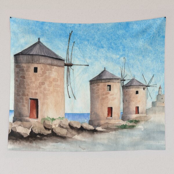 Item preview, Watercolor three windmills, a distant castle and a blue sea in the background designed and sold by MaryWatercolor.
