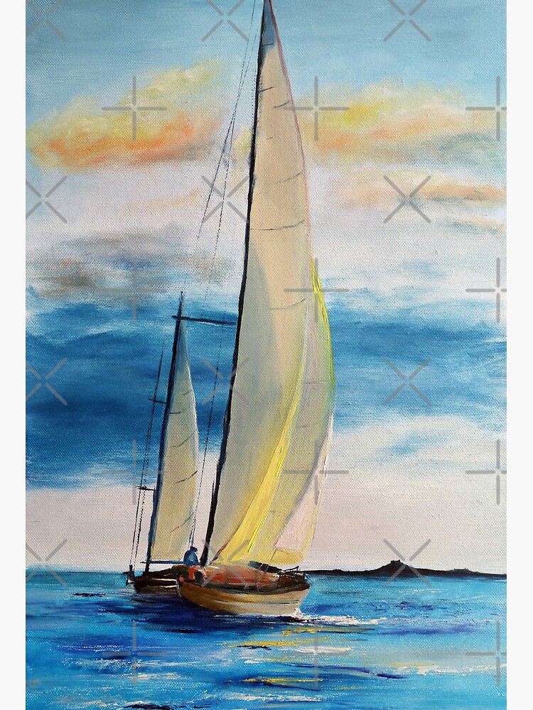 Watercolor distant sailing boat in ocean storm Sticker for Sale