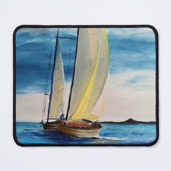 Item preview, Oil painting of two sailing boats with fisherman on the blue sea designed and sold by MaryWatercolor.
