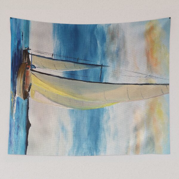 Item preview, Oil painting of two sailing boats with fisherman on the blue sea designed and sold by MaryWatercolor.