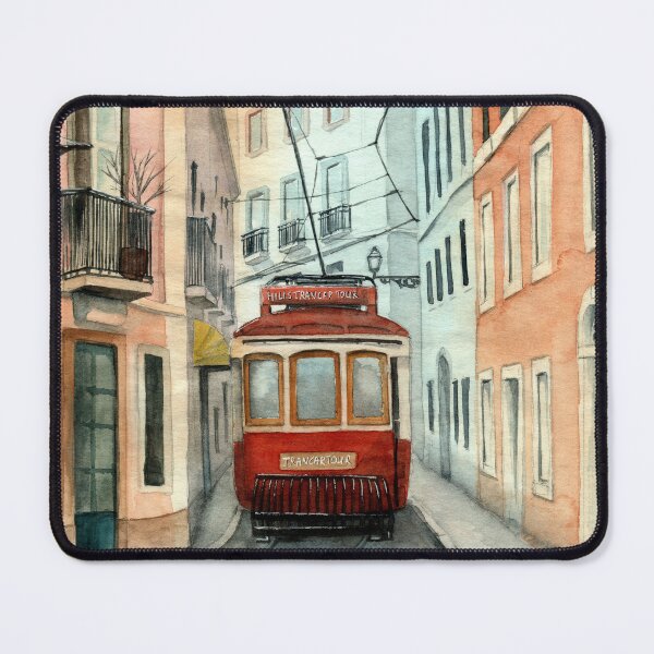 Item preview, Watercolor old town street with colorful houses and a red tram designed and sold by MaryWatercolor.