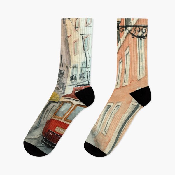 Item preview, Watercolor old town street with colorful houses and a red tram designed and sold by MaryWatercolor.