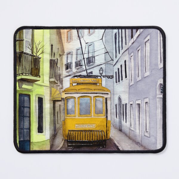 Item preview, Watercolor old town street with colorful houses and a yellow tram designed and sold by MaryWatercolor.