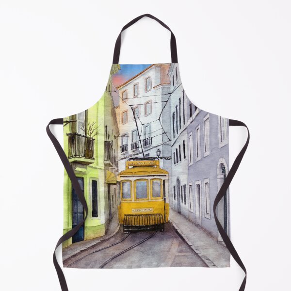 Item preview, Watercolor old town street with colorful houses and a yellow tram designed and sold by MaryWatercolor.