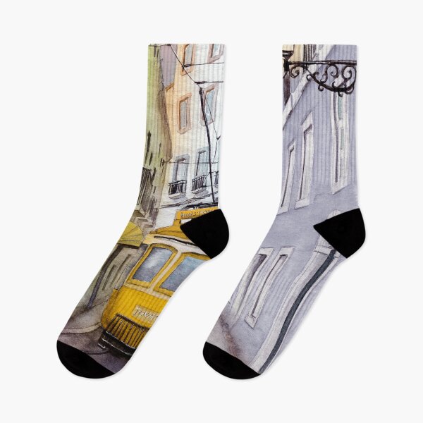 Item preview, Watercolor old town street with colorful houses and a yellow tram designed and sold by MaryWatercolor.