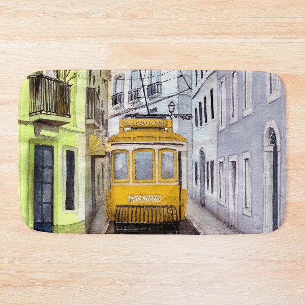 Item preview, Watercolor old town street with colorful houses and a yellow tram designed and sold by MaryWatercolor.