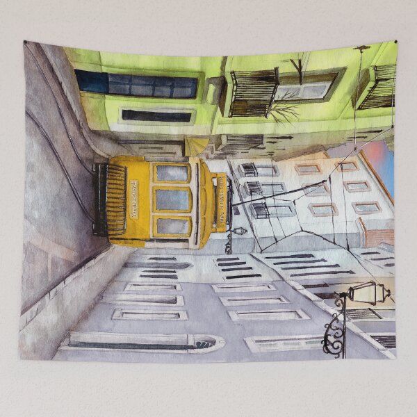 Item preview, Watercolor old town street with colorful houses and a yellow tram designed and sold by MaryWatercolor.