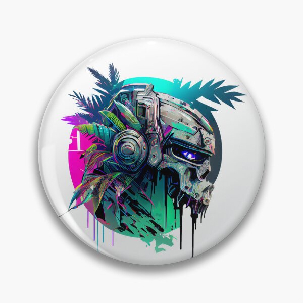 Item preview, Tropical Robot Skull with Palm Leaves on Vibrant Background designed and sold by ShadowAndSlate.
