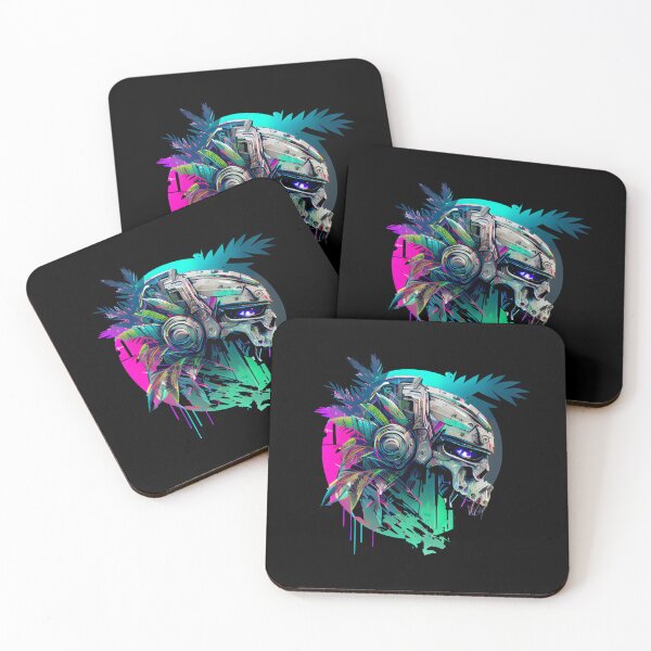 Item preview, Tropical Robot Skull with Palm Leaves on Vibrant Background designed and sold by ShadowAndSlate.