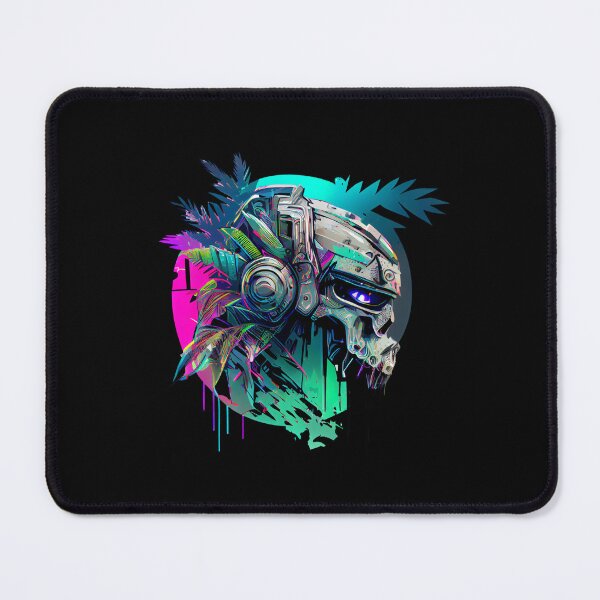 Item preview, Tropical Robot Skull with Palm Leaves on Vibrant Background designed and sold by ShadowAndSlate.