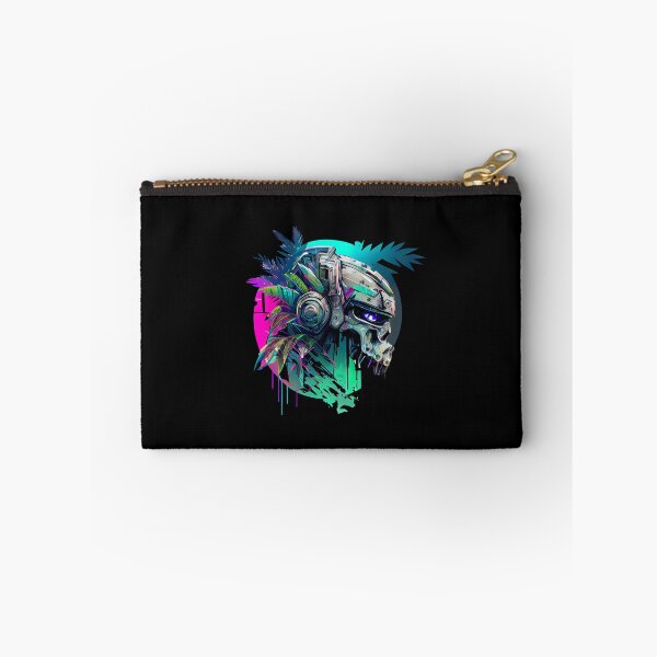 Item preview, Tropical Robot Skull with Palm Leaves on Vibrant Background designed and sold by ShadowAndSlate.