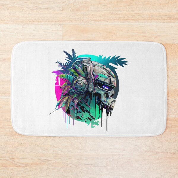 Item preview, Tropical Robot Skull with Palm Leaves on Vibrant Background designed and sold by ShadowAndSlate.