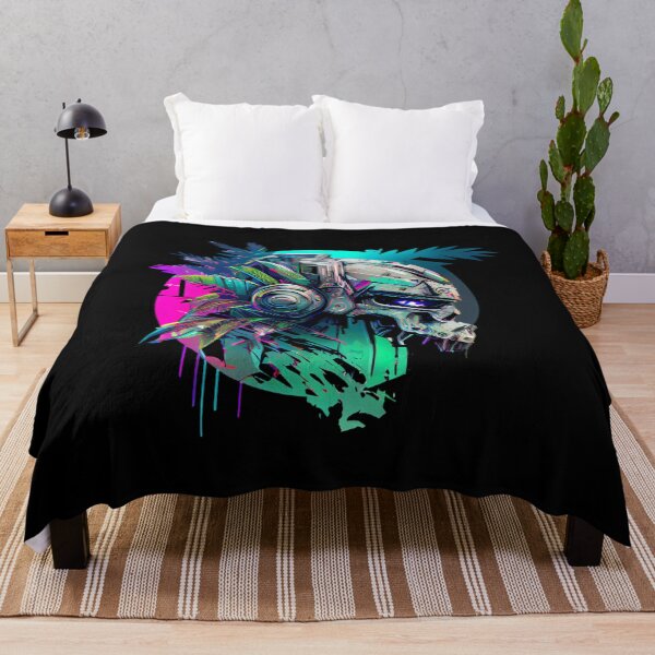 Item preview, Tropical Robot Skull with Palm Leaves on Vibrant Background designed and sold by ShadowAndSlate.