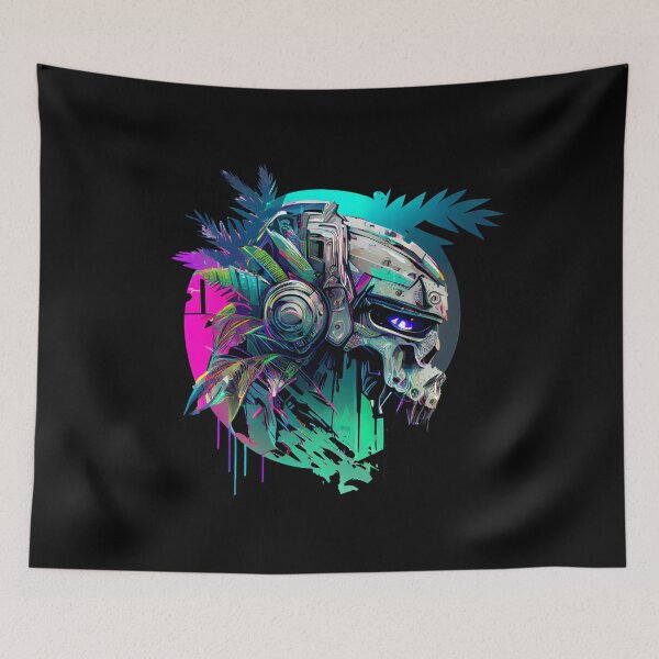 Item preview, Tropical Robot Skull with Palm Leaves on Vibrant Background designed and sold by ShadowAndSlate.