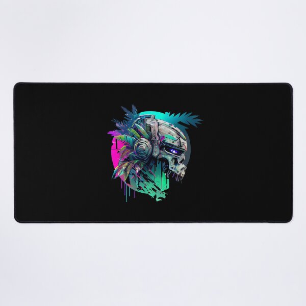 Item preview, Tropical Robot Skull with Palm Leaves on Vibrant Background designed and sold by ShadowAndSlate.