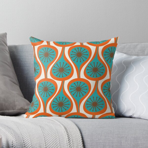 Mid Century Modern Atomic Drops Retro Pattern Turquoise Orange Brown Cream Throw Pillow