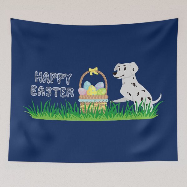 Item preview, Happy Easter with Basket Full of Eggs on Grass and Dalmatian Dog designed and sold by SeasonalDogs.