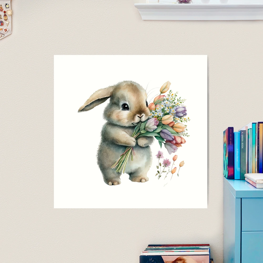 水彩壁絵watercolor“The Chilling Bunny Bunny” Sweet Bunny with Flowers Watercolor Tutorial for Beginners