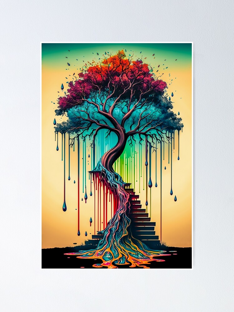 Spiritual Journey: A Dripping Paint Tree of Life with Stairway to