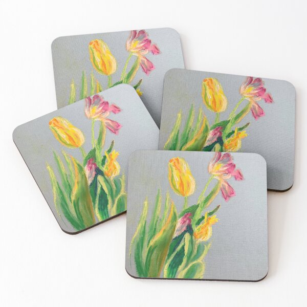 Item preview, Pink and yellow tulips on grey blue background designed and sold by DaryaGeft.