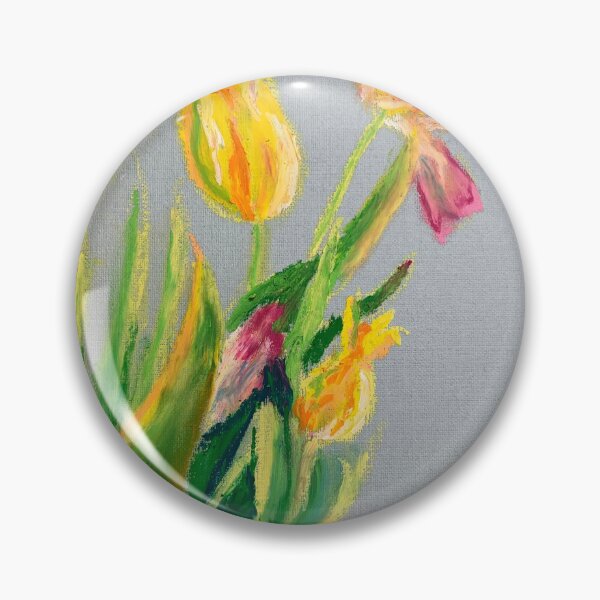Item preview, Pink and yellow tulips on grey blue background designed and sold by DaryaGeft.