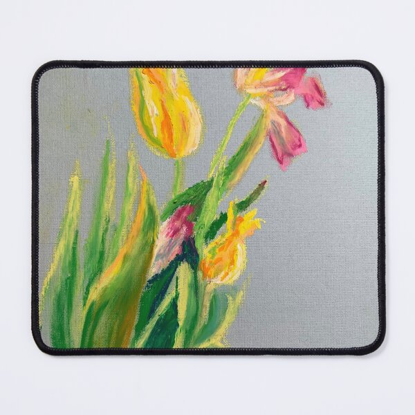 Item preview, Pink and yellow tulips on grey blue background designed and sold by DaryaGeft.