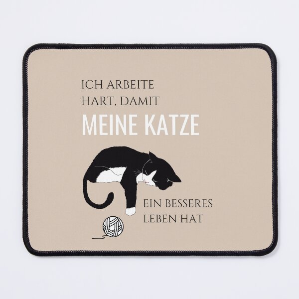 Item preview, "Ich arbeite hart, damit meine Katze ein besseres Leben hat" (I work hard so that my cat can have a better life) with an Image of a Cat with a Toy Ball and Brown Background designed and sold by RM-Journey.
