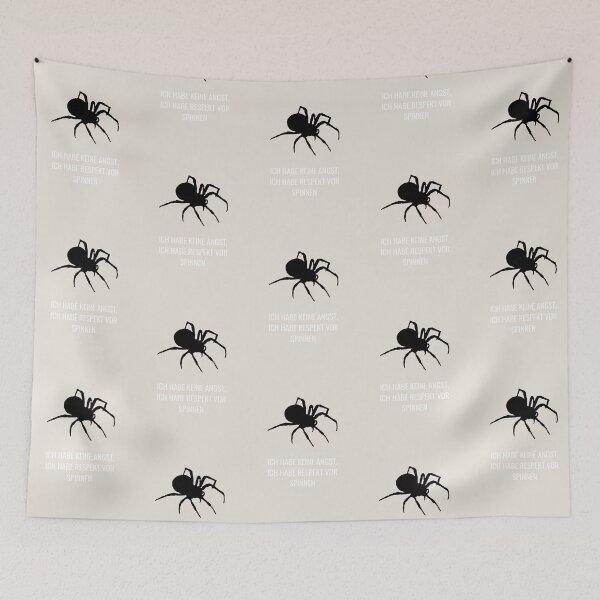 Item preview, "Ich habe keine Angst, ich habe Respekt vor Spinnen" (I'm not afraid, I respect spiders) with a brown background and an image of a spider designed and sold by RM-Journey.
