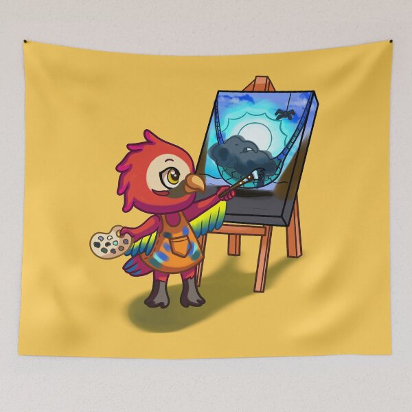 Item preview, red macaw painting a picture with the theme of the song: elephant swinging in chibi kawaii style, colorful illustration designed and sold by kitsuneins.