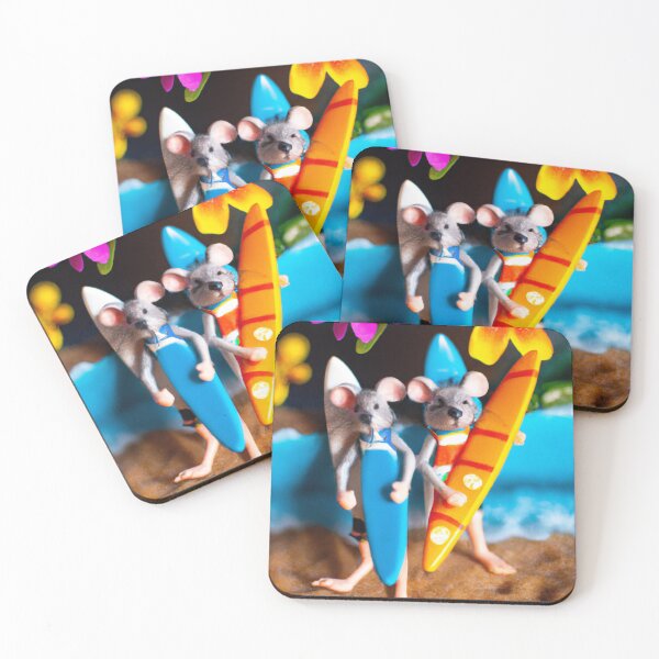 Item preview, a macro 35mm photograph of two mice in Hawaii, they're each wearing tiny swimsuits and are carrying tiny surf boards, digital art designed and sold by Burnout (⌣_⌣).