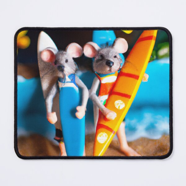 Item preview, a macro 35mm photograph of two mice in Hawaii, they're each wearing tiny swimsuits and are carrying tiny surf boards, digital art designed and sold by Burnout (⌣_⌣).
