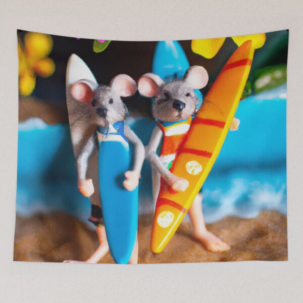 Item preview, a macro 35mm photograph of two mice in Hawaii, they're each wearing tiny swimsuits and are carrying tiny surf boards, digital art designed and sold by Burnout (⌣_⌣).