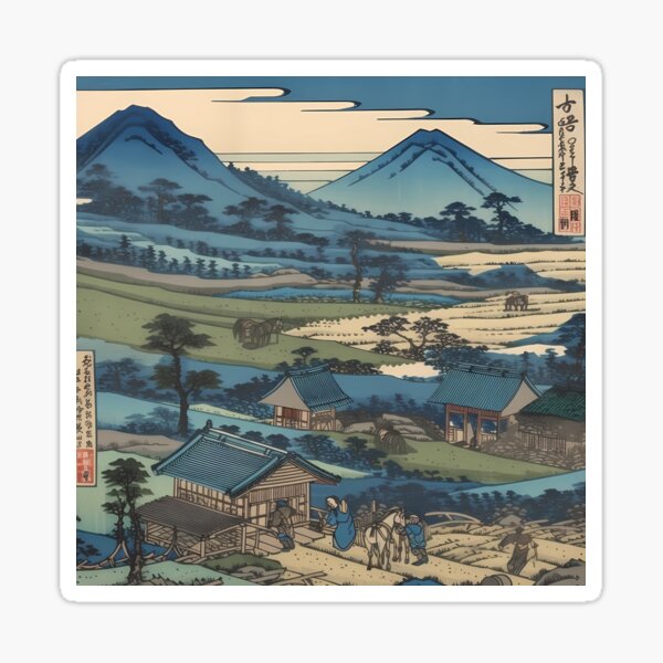 Item preview, Ukiyo e style painting of a village farm fields meadows and mountains, designed and sold by Powercat Graphic Arts.