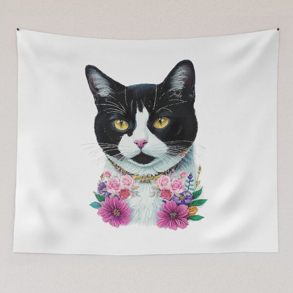 Item preview, Adorable tuxedo cat portrait surrounded in gorgeous pink bloom designed and sold by Lubellebubble20.