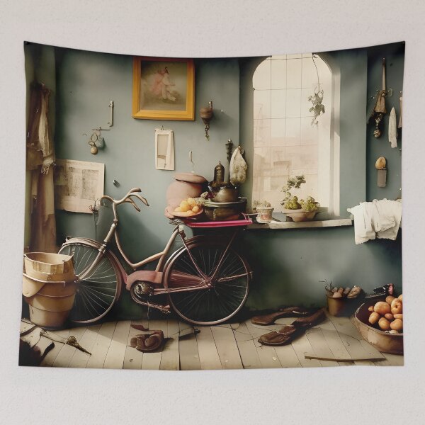 Item preview, Vintage Dutch Still Life Wall Art Poster: Bicycle and Fruit Basket Matte Drawing Print designed and sold by MerakiAndArt.