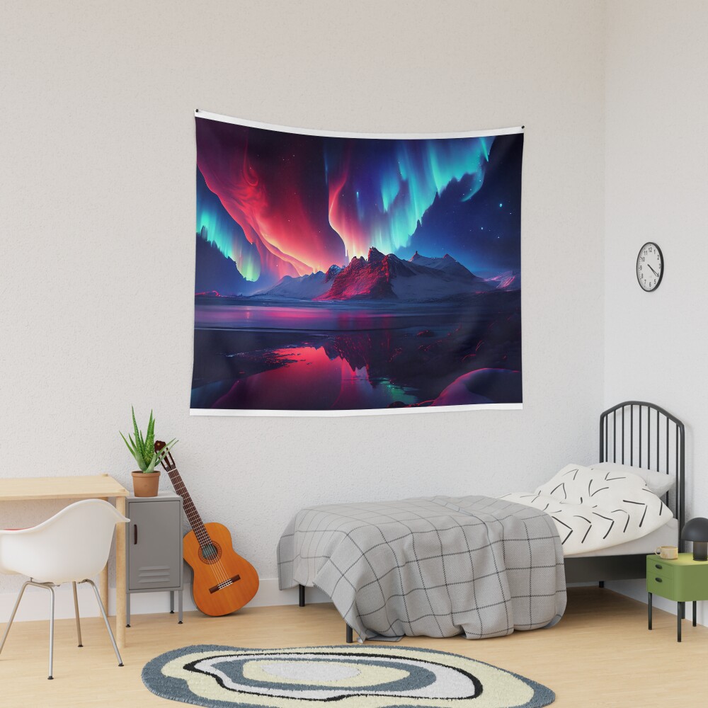 Colorful northern light aurora borealis with red and blue flames over the sky Tapestry for Sale by anytka Redbubble