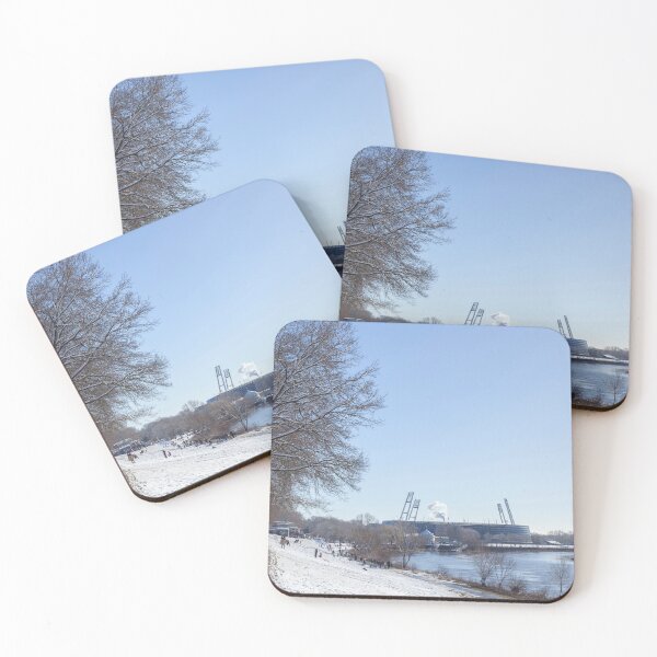 Item preview, Snowy Osterdeich with Weserstadion in winter, Bremen, Germany designed and sold by Torsten Krüger.