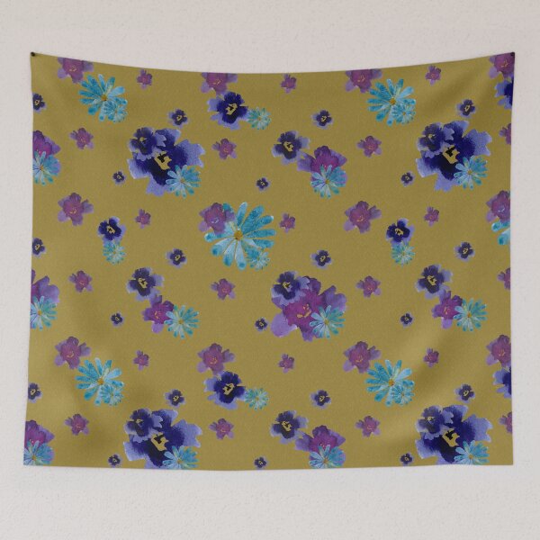 Item preview, Violet daisy blue flower yellow pattern watercolor designed and sold by Yana Mustafina | Boho Soulful Designs.