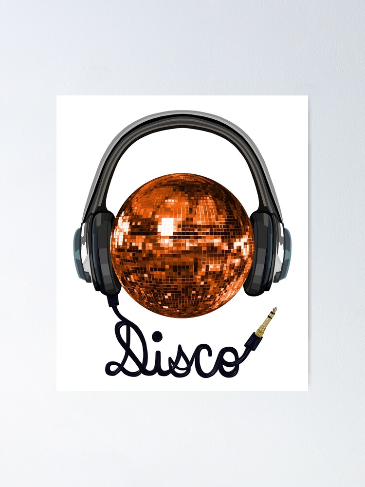 Poster for Sale avec l'œuvre « Casque de musique boule disco orange rétro »  de l'artiste Deborah Camp