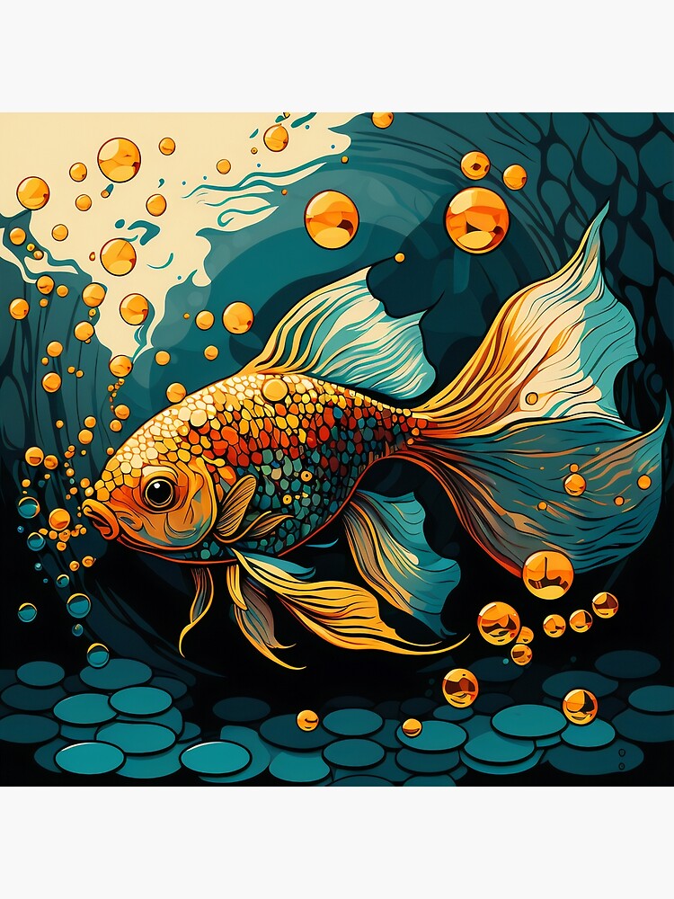 Goldfish surrounded by gold air bubbles, Fish, Ocean Animal | Canvas Print