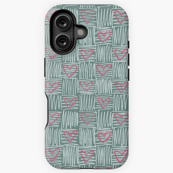 Modern minimalist checkered pink heart pattern on plaid green iPhone Tough Case