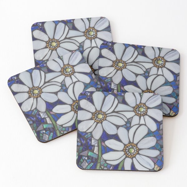 Item preview, White Japanese anemones stained glass mosaic on a blue background  designed and sold by suespaintroom.