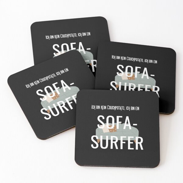 Item preview, "Ich bin kein Couchpotato, ich bin ein Sofa-Surfer" (I'm not a couch potato, I'm a sofa surfer) with couch in bold designed and sold by RM-Journey.